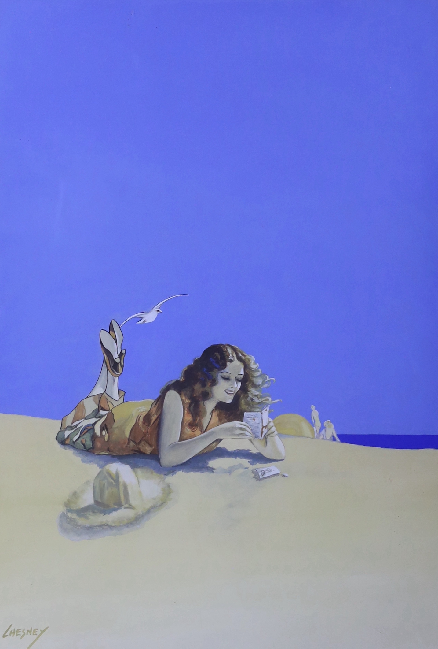 Chesney, gouache on paper, young lady reading on a beach, signed and dated 1932, 53 x 36cm